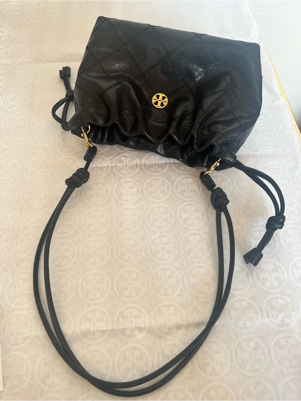 Tory Burch Black Quilted Drawstring Shoulder bag  with Gold Logo